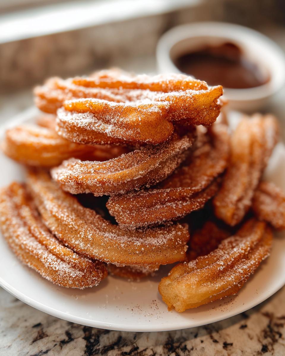 A close-up of a pile of Irresistible Spanish Churro Pancakes, coated in sugar and cinnamon.