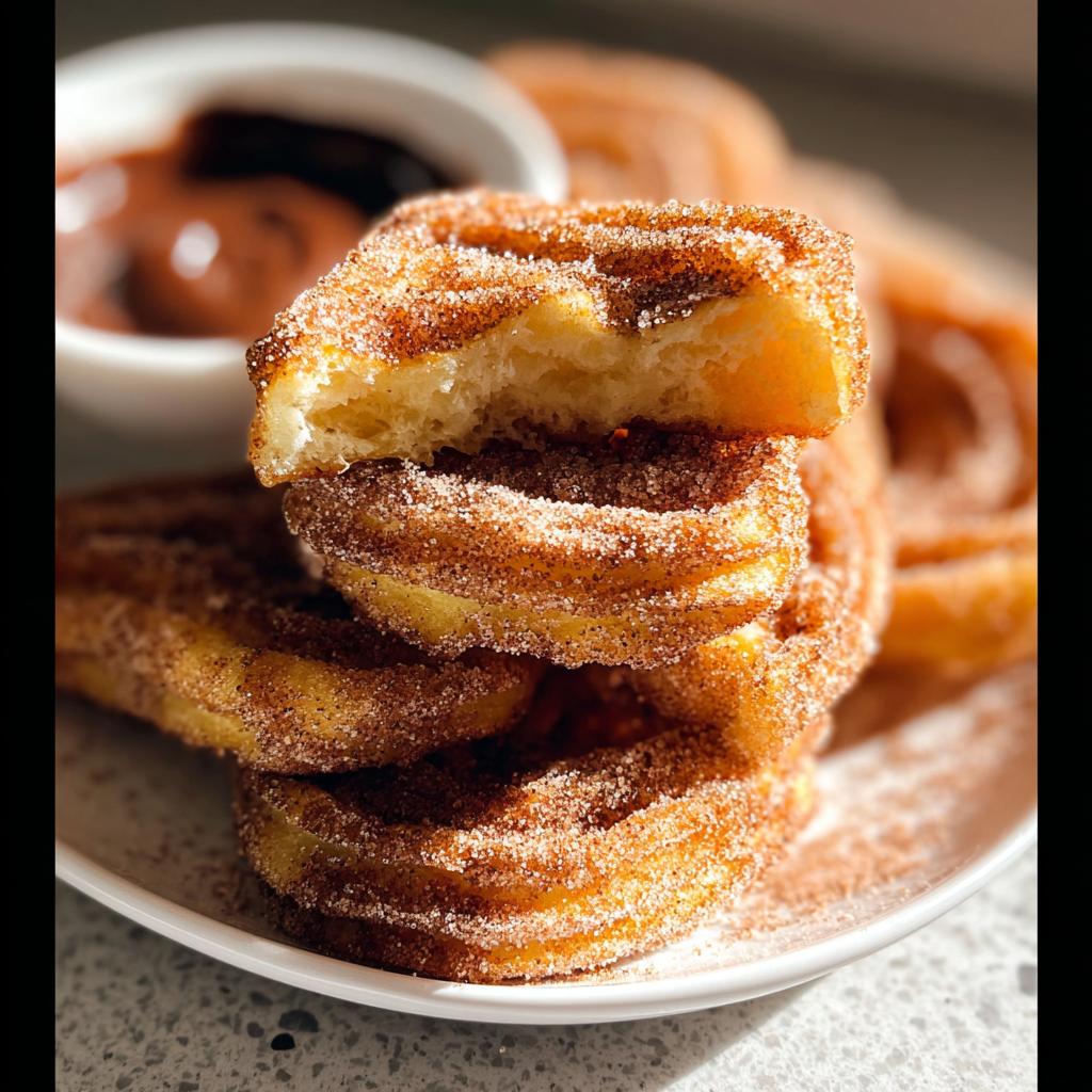 A stack of Irresistible Spanish Churro Pancakes, coated in cinnamon sugar, with a bite taken out of the top one.