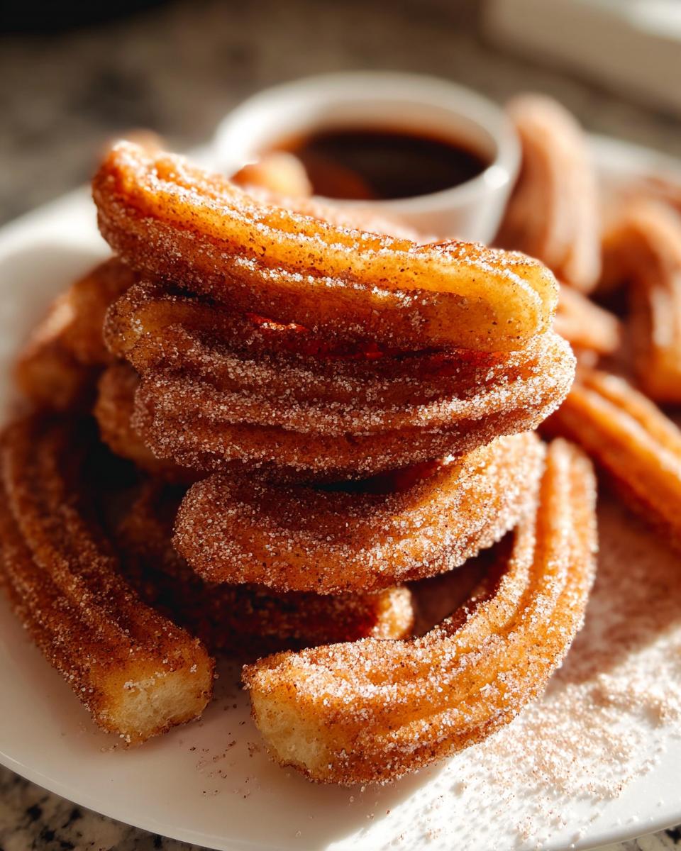 A close-up of a stack of Irresistible Spanish Churro Pancakes, coated in cinnamon sugar, with a small bowl of chocolate sauce in the background.