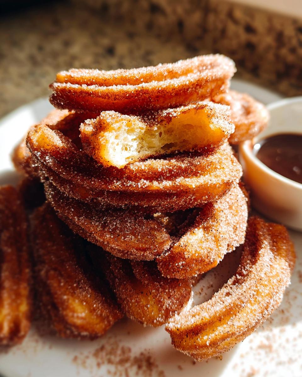 A stack of Irresistible Spanish Churro Pancakes coated in cinnamon sugar, with one piece broken to show the fluffy interior.