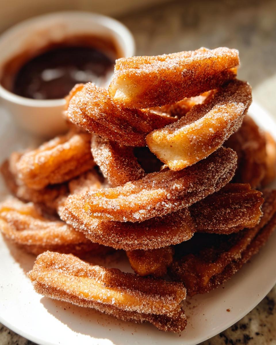A close-up stack of Irresistible Spanish Churro Pancakes, coated in cinnamon sugar, with a small bowl of chocolate sauce in the background.