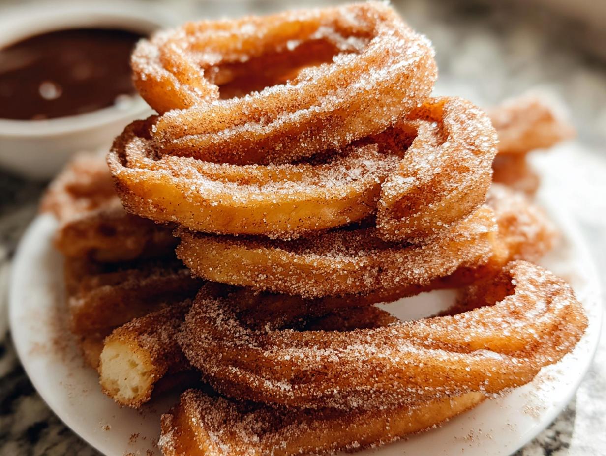 A close-up stack of Irresistible Spanish Churro Pancakes, coated in cinnamon sugar, with a bowl of chocolate sauce in the background.