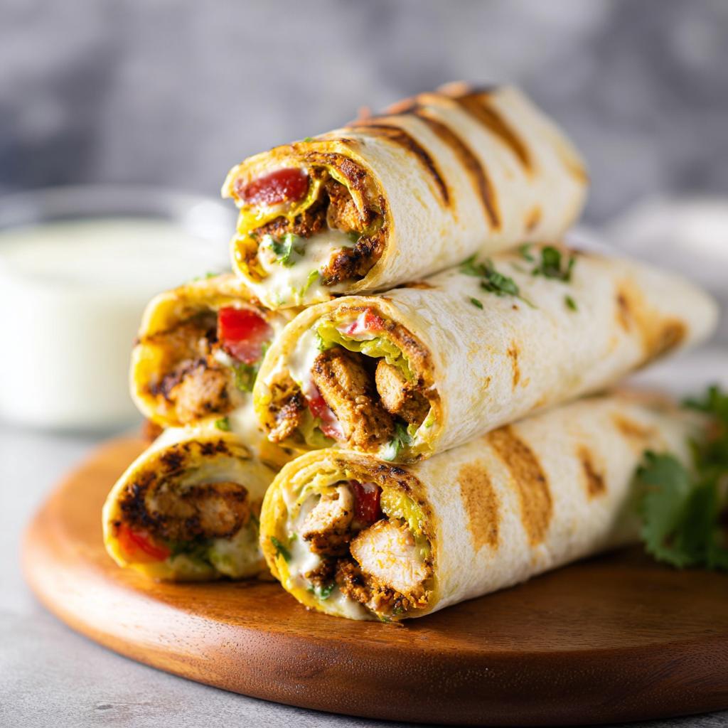 Stack of juicy garlic parmesan chicken meatloaf wraps filled with chicken, lettuce, and tomato.