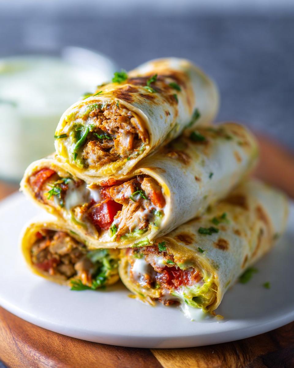 Stack of Juicy Garlic Parmesan Chicken Meatloaf wraps filled with chicken, tomatoes, and melted cheese, garnished with parsley.
