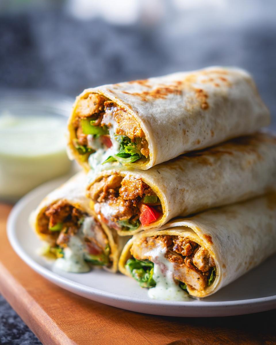 Stack of Juicy Garlic Parmesan Chicken Meatloaf wraps filled with chicken, lettuce, and sauce.