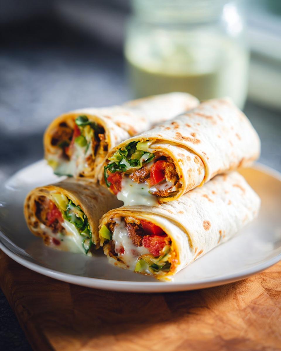 Four delicious wraps filled with Juicy Garlic Parmesan Chicken Meatloaf, lettuce, tomato, and cheese, drizzled with sauce.
