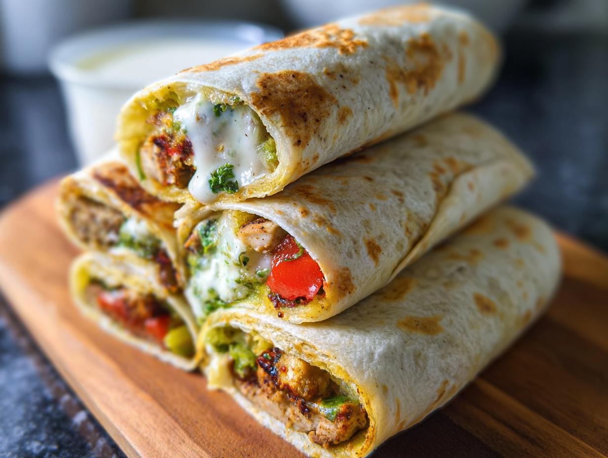 Stack of Juicy Garlic Parmesan Chicken Meatloaf wraps filled with chicken, vegetables, and sauce.