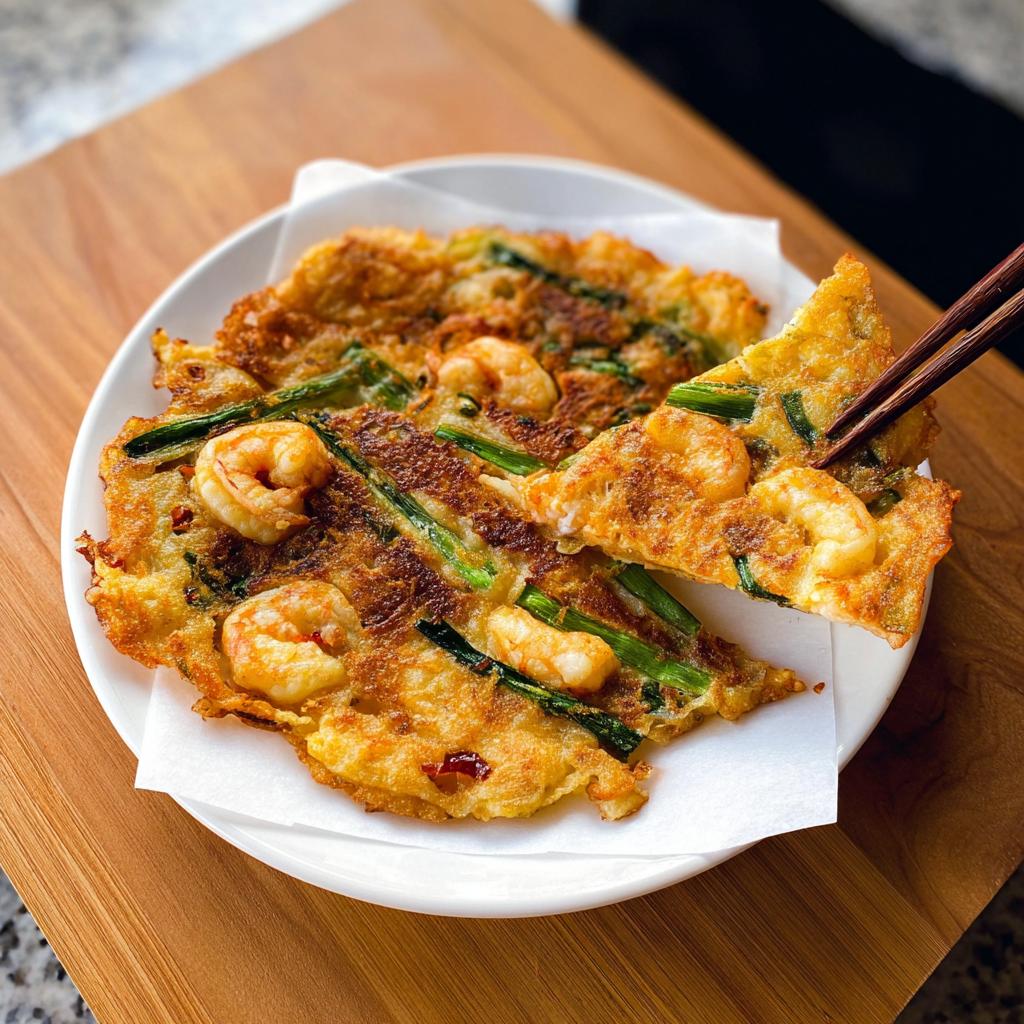 A close-up of golden-brown Korean Pancakes (Pajeon) topped with plump shrimp and green onions, being lifted by chopsticks.