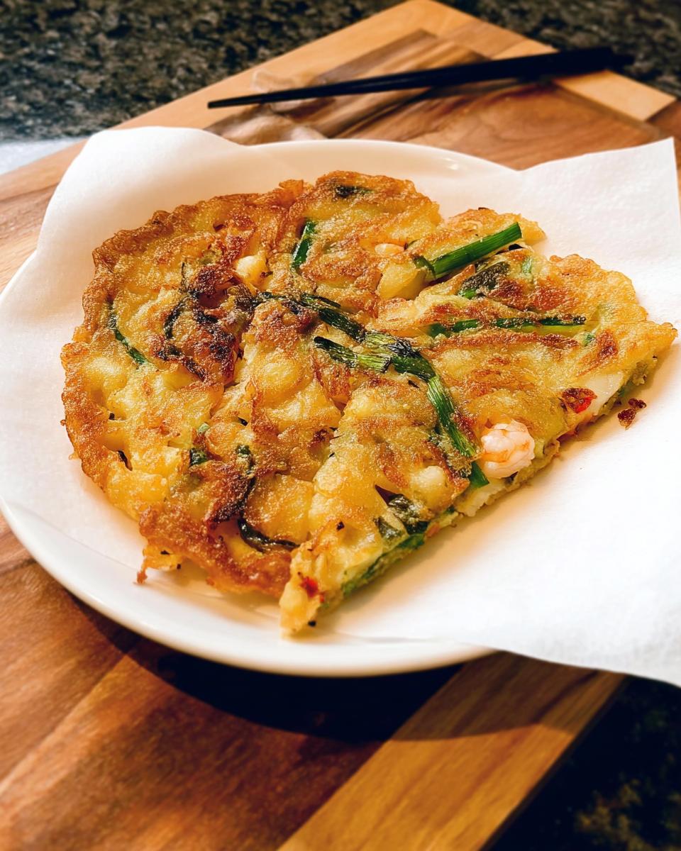 A golden-brown Korean Pancake (Pajeon) with visible shrimp and green onions, served on a white plate.