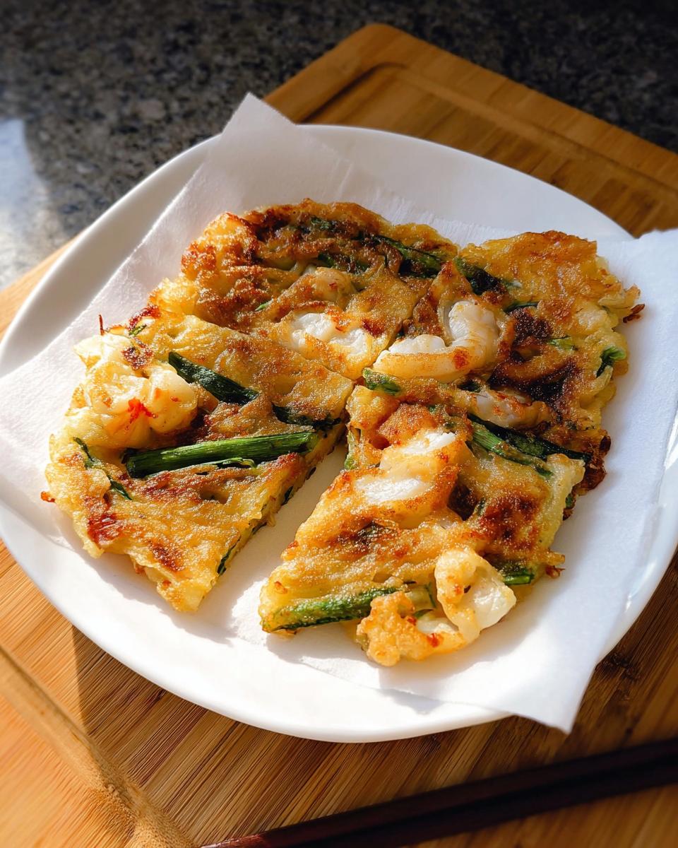 Close-up of a golden-brown Korean Pancake (Pajeon) on a white plate, featuring shrimp and green onions.