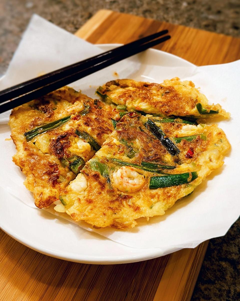 Close-up of golden-brown Korean Pancakes (Pajeon) with visible shrimp and green onions on a white plate.