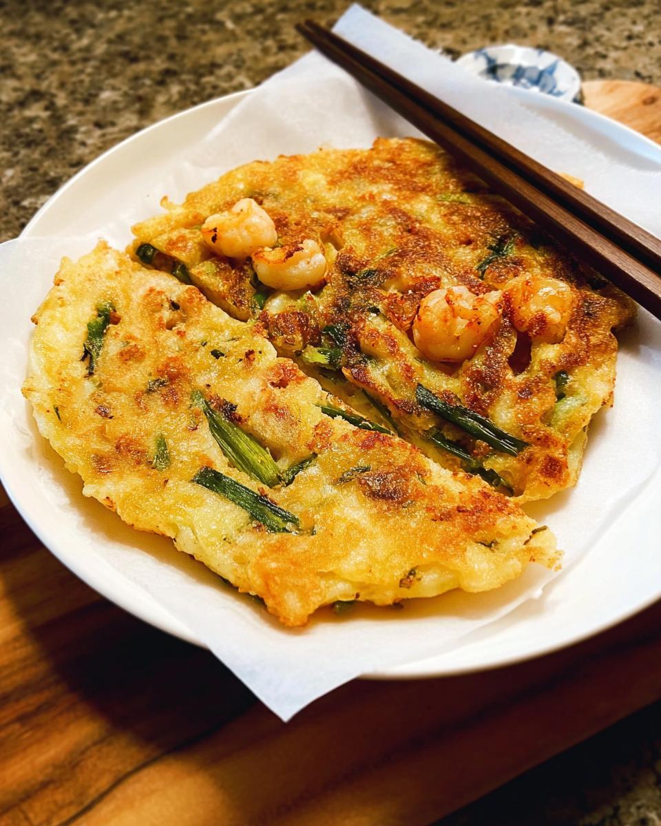 A close-up of freshly made Korean Pancakes (Pajeon) topped with plump shrimp and green onions.