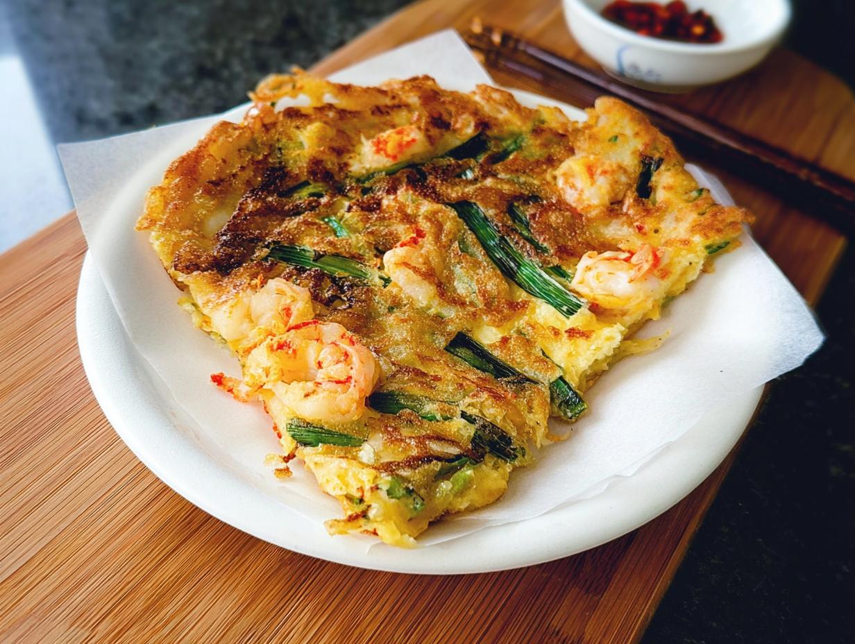 A close-up of a savory Korean pancake (Pajeon) filled with shrimp and green onions, served on a white plate.