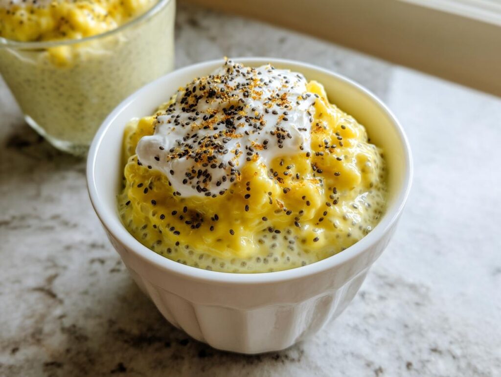 A close-up of a white bowl filled with vibrant yellow Lemon Cream Chia Pudding, topped with a dollop of cream and chia seeds.