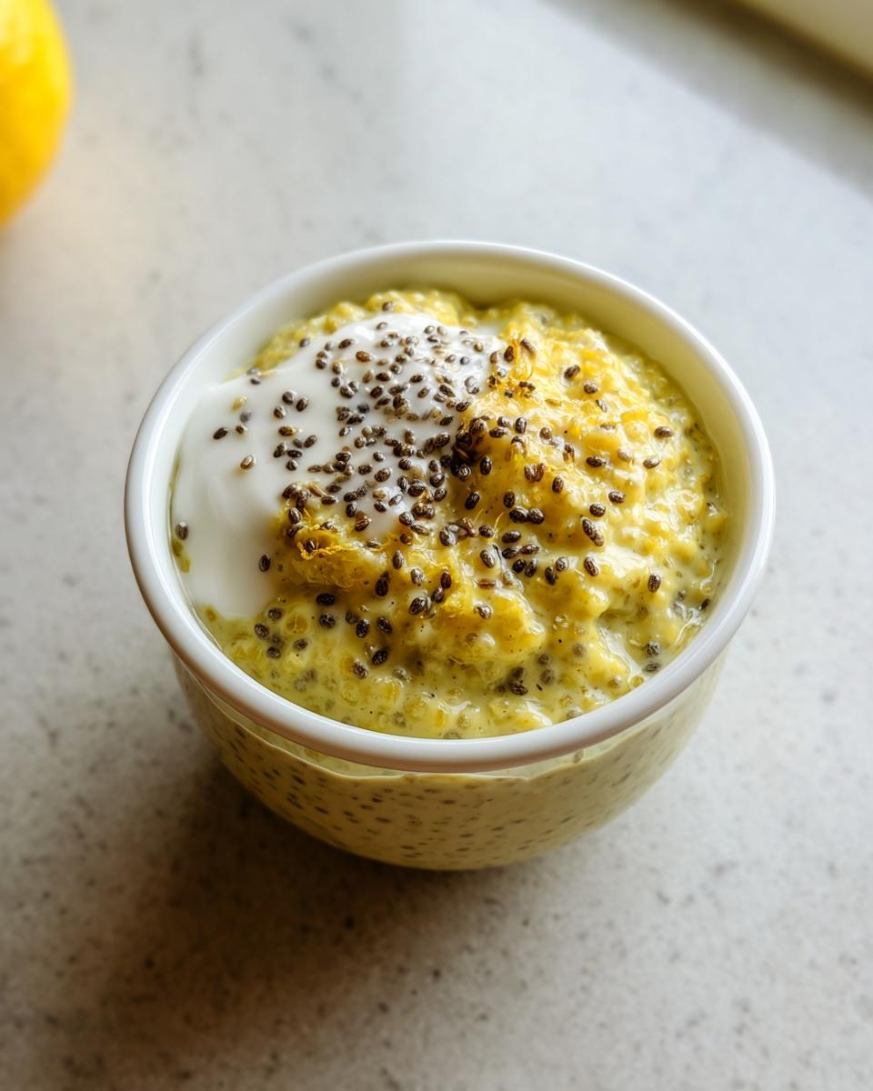A bowl of creamy Lemon Cream Chia Pudding topped with yogurt and chia seeds.