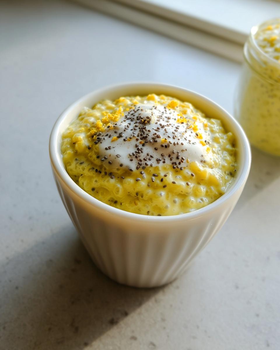 A bowl of bright yellow Lemon Cream Chia Pudding topped with a dollop of cream, chia seeds, and lemon zest.