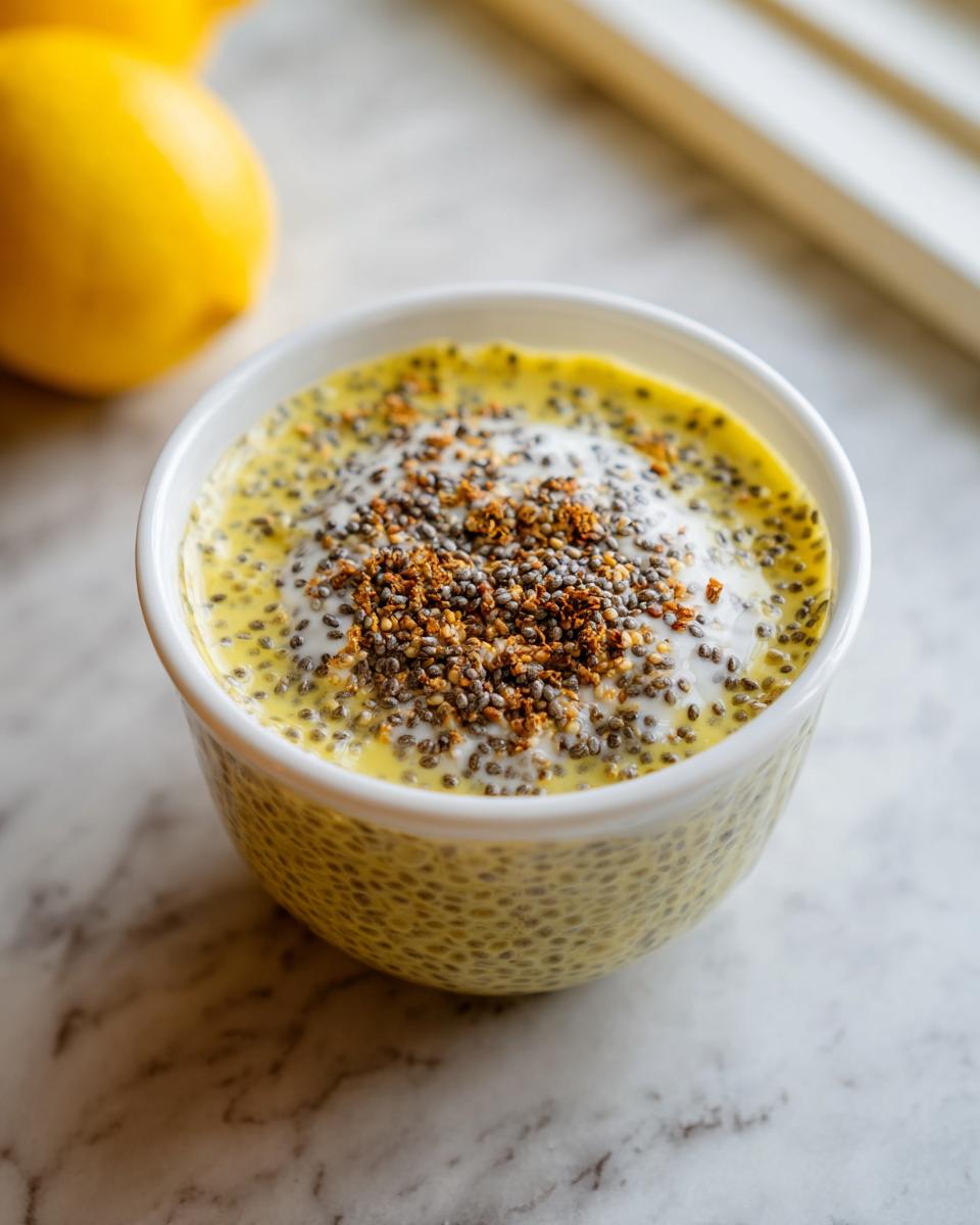 A close-up of a bowl of Lemon Cream Chia Pudding topped with yogurt and sprinkled seeds.