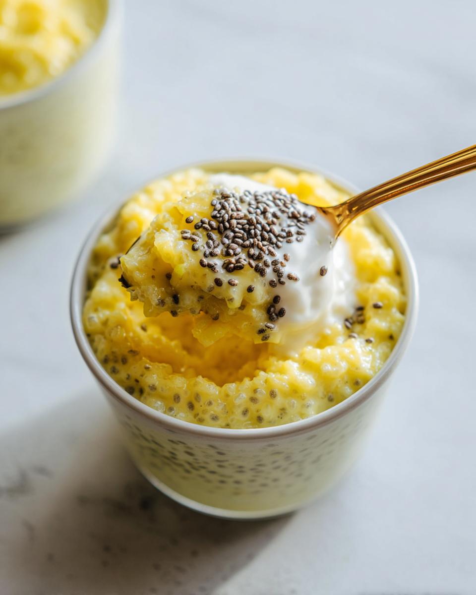 A spoonful of bright yellow Lemon Cream Chia Pudding topped with yogurt and chia seeds.