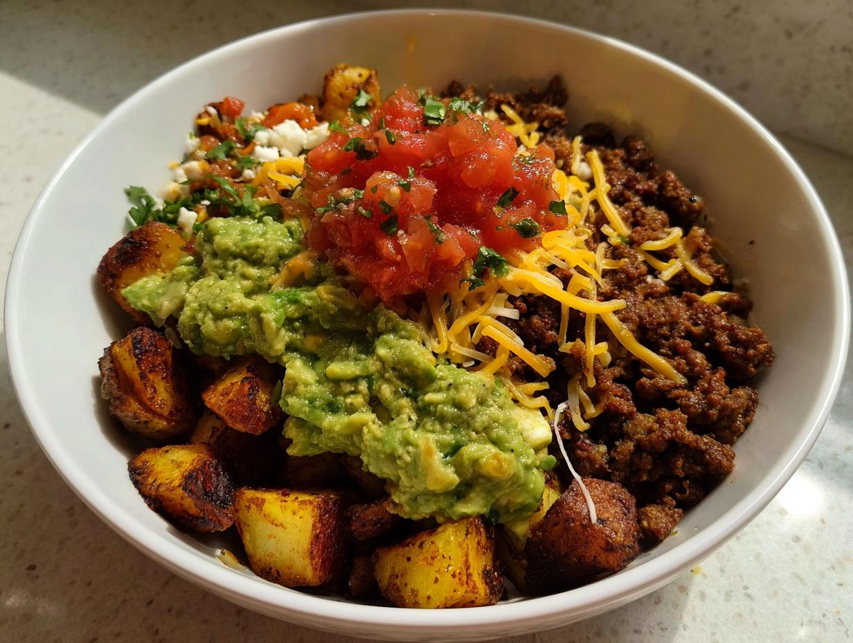 A close-up of a Loaded Potato Taco Bowl featuring roasted potatoes, seasoned ground beef, guacamole, salsa, and shredded cheese.