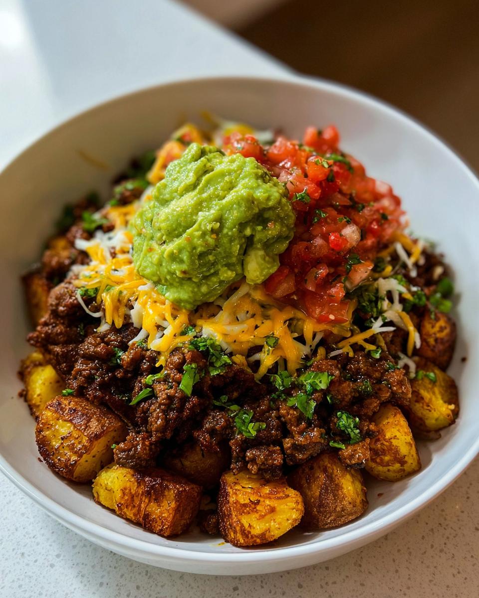 A close-up of a Loaded Potato Taco Bowl featuring crispy potato cubes, seasoned ground meat, shredded cheese, guacamole, and pico de gallo.