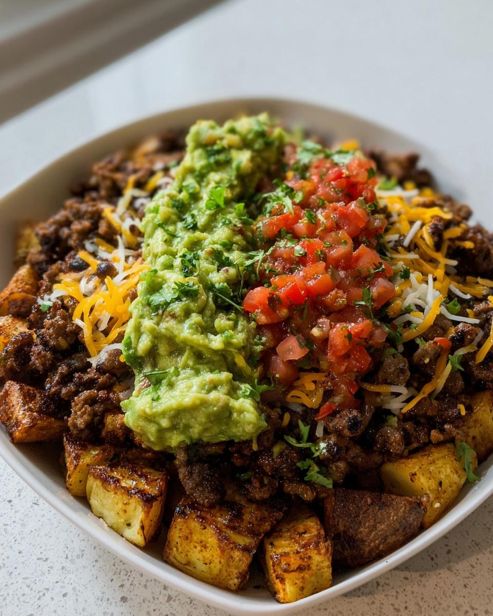 A close-up of a Loaded Potato Taco Bowl featuring crispy potatoes, seasoned ground meat, cheese, guacamole, and pico de gallo.