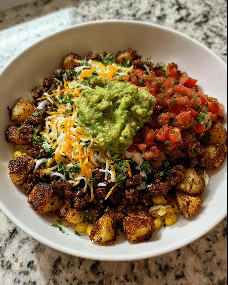 A close-up of a Loaded Potato Taco Bowl featuring seasoned ground beef, crispy potatoes, corn, shredded cheese, guacamole, and pico de gallo.