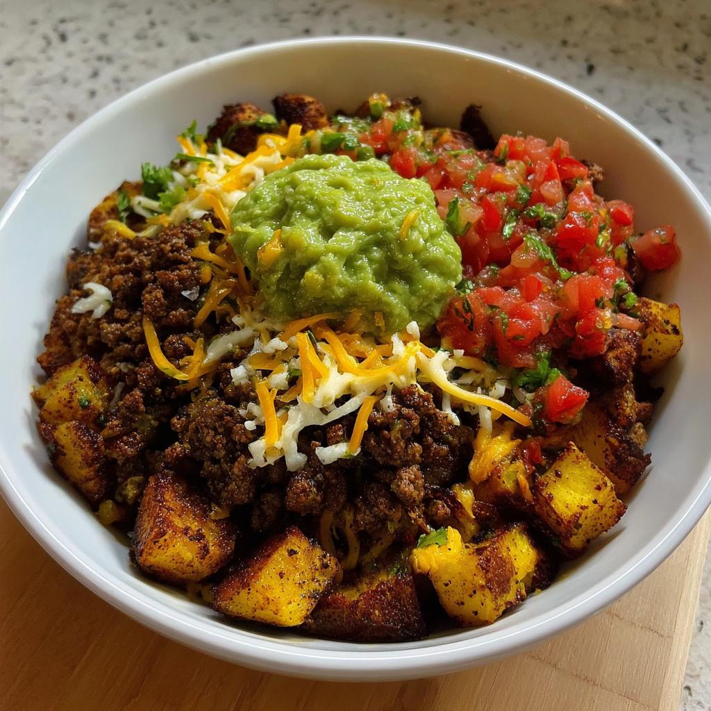 A close-up of a Loaded Potato Taco Bowl filled with seasoned ground beef, crispy potato chunks, shredded cheese, guacamole, and pico de gallo.
