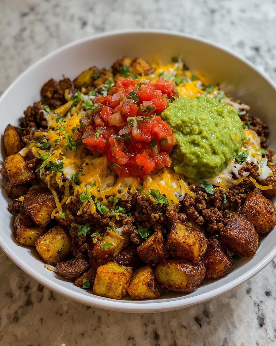 A close-up of a Loaded Potato Taco Bowl filled with crispy potatoes, seasoned ground beef, shredded cheese, pico de gallo, and guacamole.