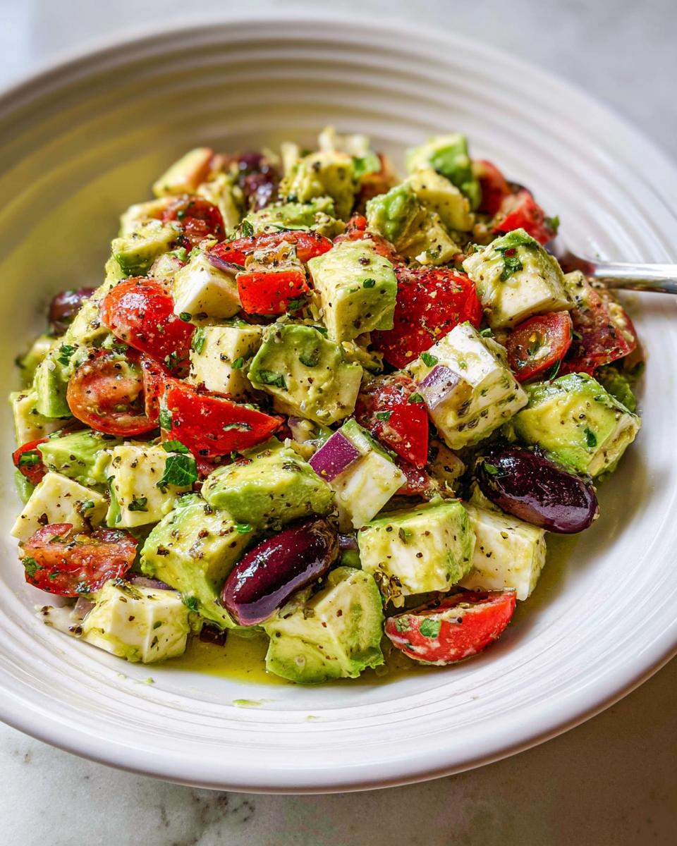 A close-up of Simple & Zesty Mediterranean Avocado Egg Salad with chopped avocado, tomatoes, olives, and feta cheese.