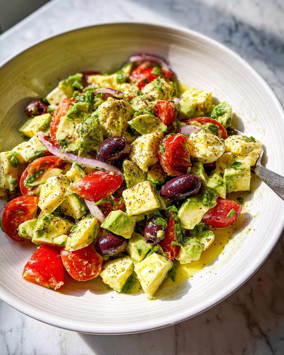 A close-up of Simple & Zesty Mediterranean Avocado Egg Salad with avocado, tomatoes, olives, and feta cheese.