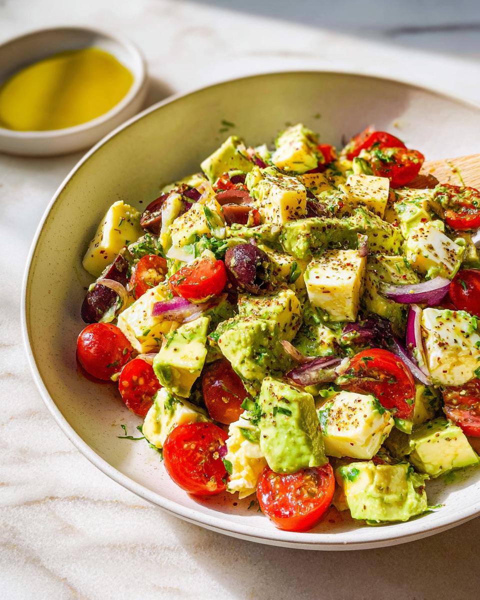 A vibrant bowl of Simple & Zesty Mediterranean Avocado Egg Salad with cherry tomatoes, olives, red onion, and feta cheese.
