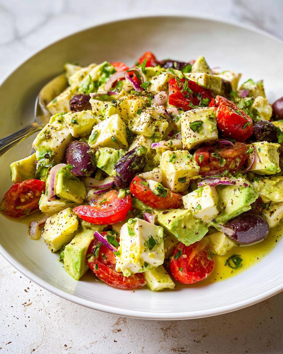 A close-up of Simple & Zesty Mediterranean Avocado Egg Salad with avocado, tomatoes, olives, and feta cheese.