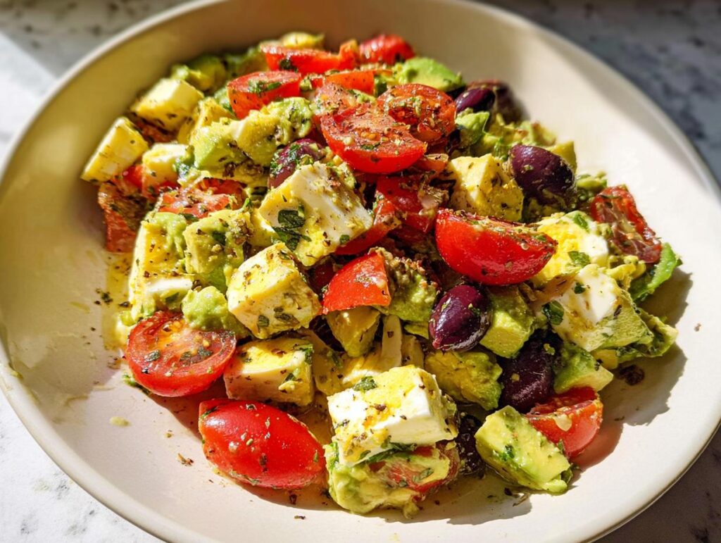 A close-up of Simple & Zesty Mediterranean Avocado Egg Salad with cherry tomatoes, olives, and feta cheese.