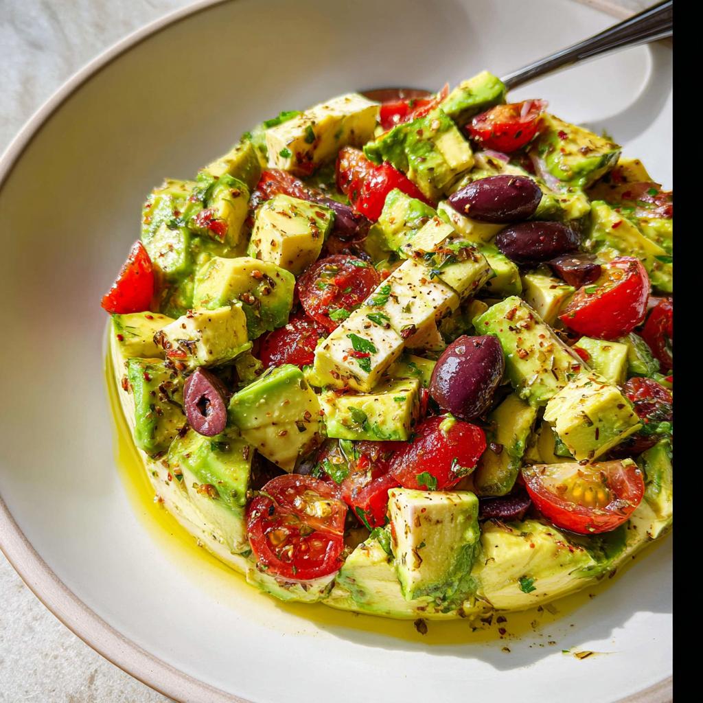 A colorful mound of Simple & Zesty Mediterranean Avocado Egg Salad with diced avocado, cherry tomatoes, olives, and feta cheese.