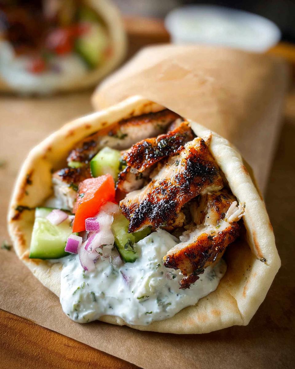 Close-up of a Mediterranean Chicken Gyro filled with grilled chicken, cucumber, tomato, red onion, and creamy feta tzatziki.