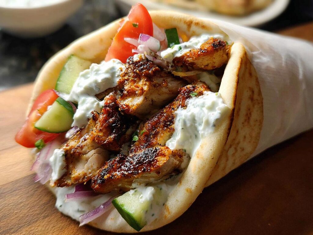 A delicious Mediterranean Chicken Gyro packed with seasoned chicken, fresh tomatoes, cucumber, red onion, and creamy feta tzatziki sauce.