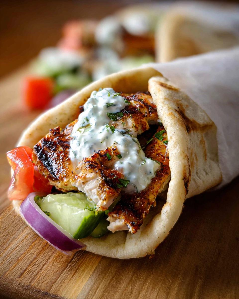 Close-up of a delicious Mediterranean Chicken Gyro filled with grilled chicken, cucumber, tomato, red onion, and creamy feta tzatziki.