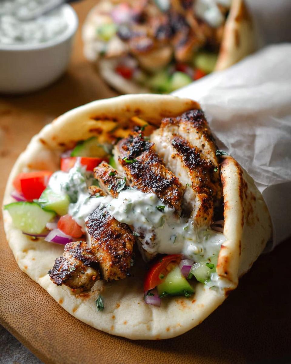 Close-up of a delicious Mediterranean Chicken Gyro stuffed with grilled chicken, fresh vegetables, and creamy feta tzatziki sauce.