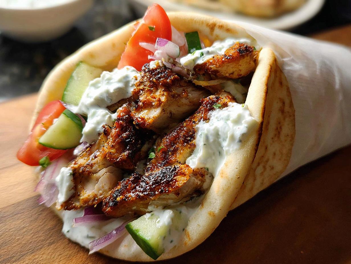 A delicious Mediterranean Chicken Gyro packed with seasoned chicken, fresh tomatoes, cucumber, red onion, and creamy feta tzatziki sauce.