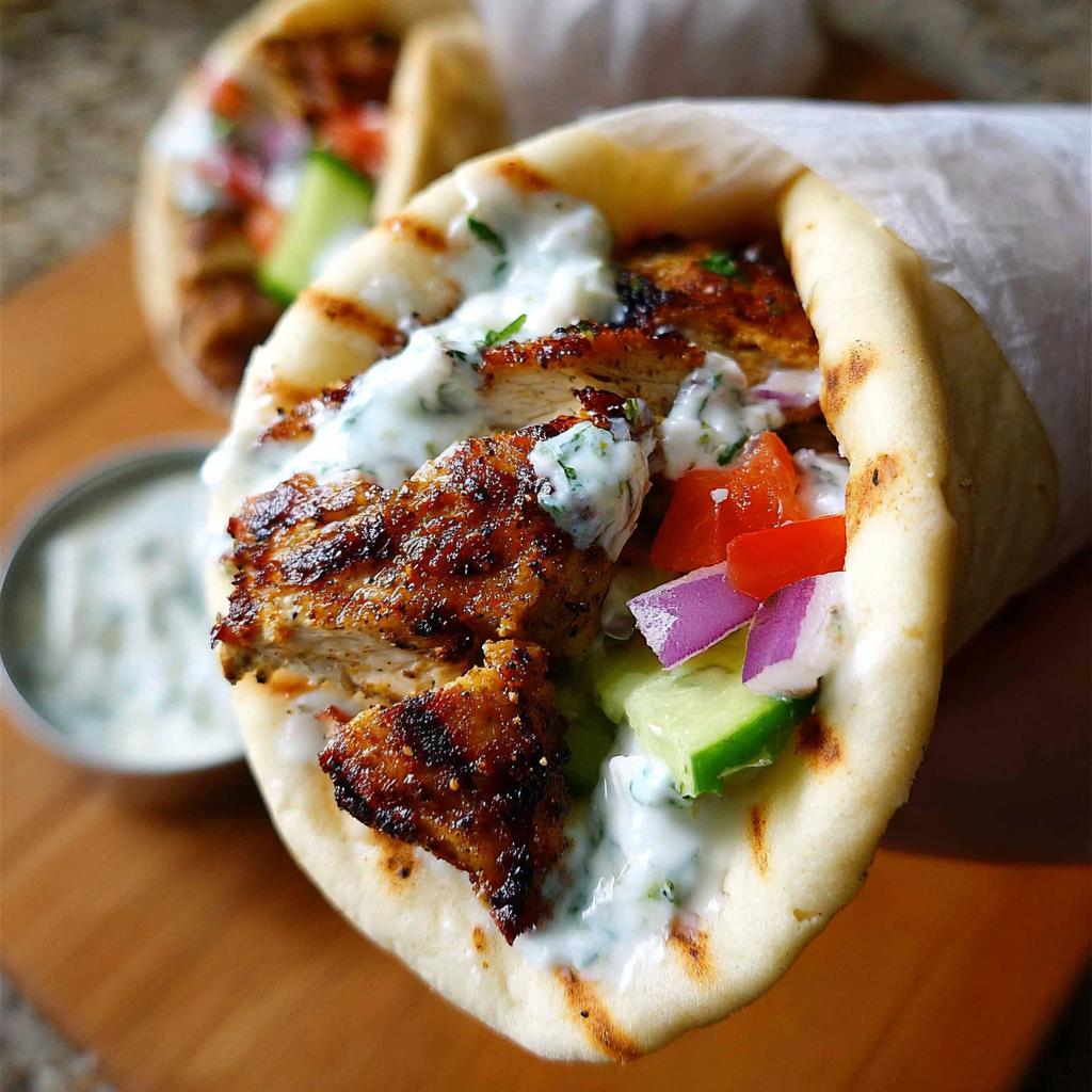 Close-up of a delicious Mediterranean Chicken Gyro filled with grilled chicken, fresh vegetables, and creamy feta tzatziki.