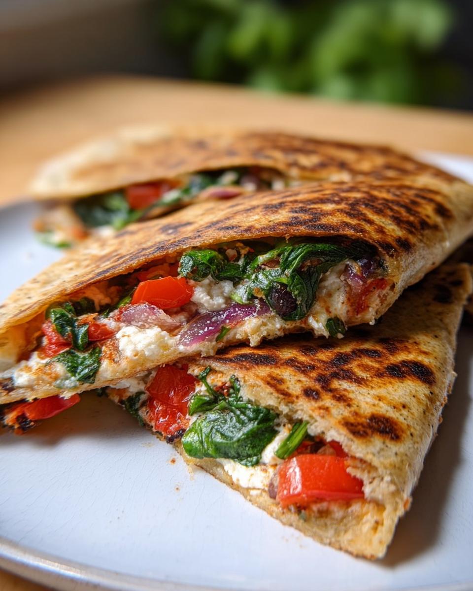 Close-up of Mediterranean quesadillas filled with spinach, feta, mozzarella, red onion, and tomatoes.