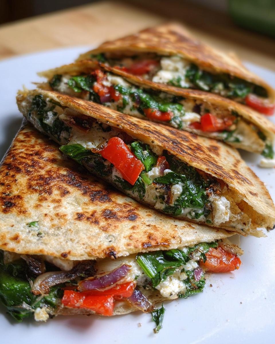 Close-up of Mediterranean Quesadillas filled with spinach, feta, mozzarella, red onion, and tomatoes.