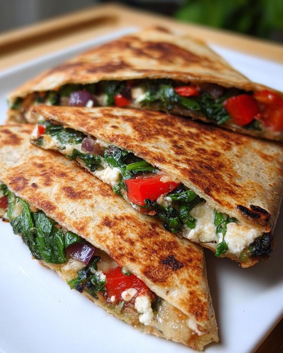 Close-up of Mediterranean Quesadillas with Spinach, Feta, Mozzarella, and Red Onion, cut into wedges.