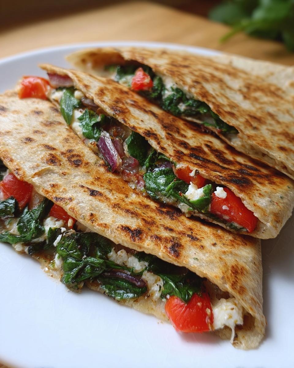 Close-up of Mediterranean Quesadillas with Spinach, Feta, Mozzarella, and Red Onion, cut in half.