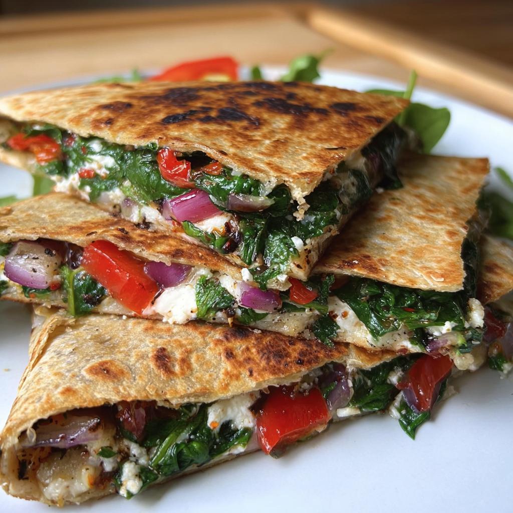 Stack of Mediterranean Quesadillas with Spinach, Feta, Mozzarella, and Red Onion, cut into wedges.