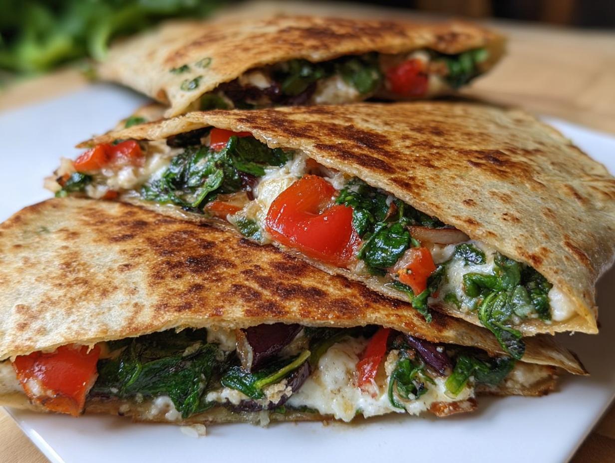Close-up of Mediterranean quesadillas with spinach, feta, mozzarella, and red onion, cut in half.