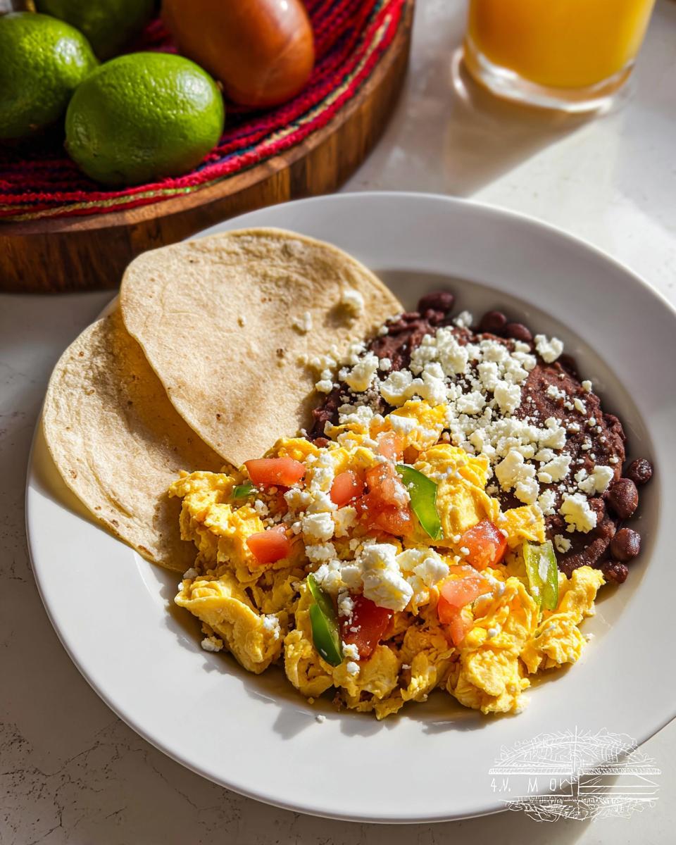 A plate of scrambled Mexican eggs topped with tomatoes and queso fresco, served with refried beans and tortillas.