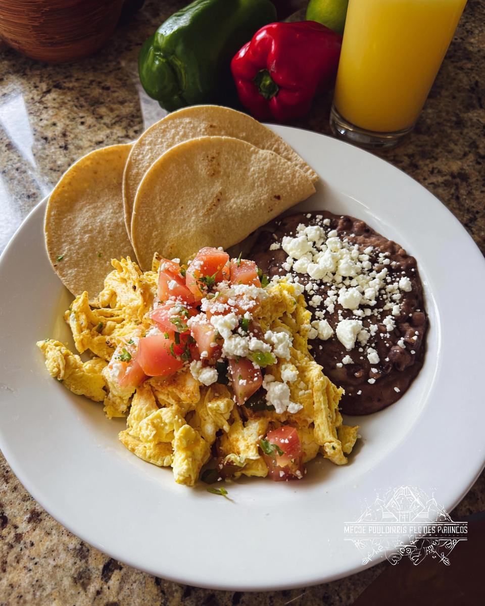 A delicious plate of Mexican Eggs scrambled with tomatoes and topped with crumbled cheese, served with refried beans and tortillas.