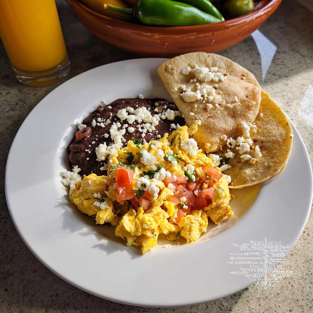 A plate of scrambled Mexican Eggs topped with tomatoes and cheese, served with refried beans and corn tortillas.