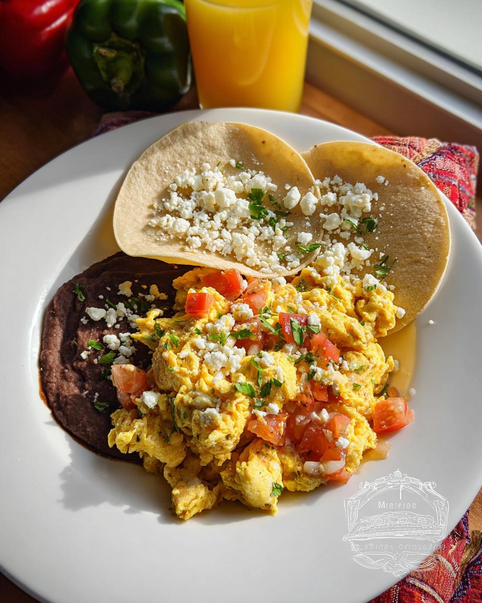 A plate of Mexican Eggs scrambled with tomatoes and cheese, served with refried beans and corn tortillas topped with crumbled cheese.